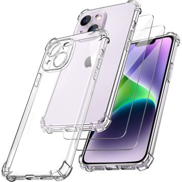 Hoesje Geschikt voor iPhone 14 met Extra Camera Bescherming Doorzichtig Shockproof backcover incl 2x screenprotector tempered glass – Transparant