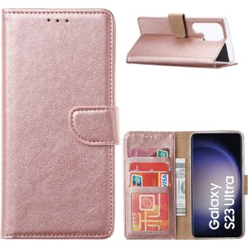 Hoesje Geschikt Voor Samsung Galaxy S23 Ultra Hoesje met Pasjeshouder – Bookcase – Rosegoud