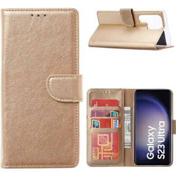Hoesje Geschikt Voor Samsung Galaxy S23 Ultra Hoesje met Pasjeshouder – Bookcase – Goud