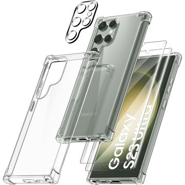 Hoesje Geschikt Voor Samsung Galaxy S23 Ultra hoesje transparant - 3 in 1 - Met screenprotector 2x – camera lens screenprotector