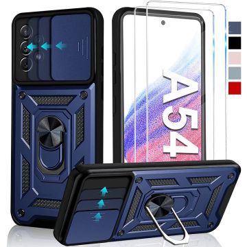 Hoesje Geschikt Voor Samsung Galaxy A54 hoesje Blauw met Ring Houder en camera bescherming - Galaxy A54 Screenprotector - 2 stuks