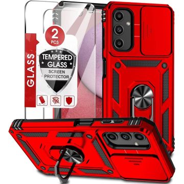Hoesje Geschikt Voor Samsung Galaxy A14 hoesje Rood met Ring Houder en camera bescherming - Galaxy A14 Screenprotector - 2 stuks