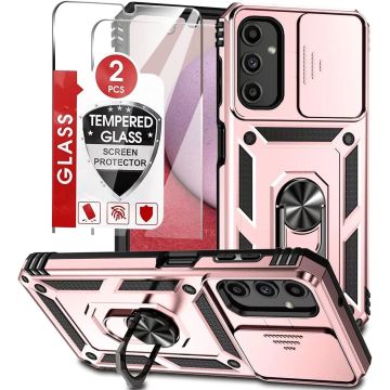 Hoesje Geschikt Voor Samsung Galaxy A14 hoesje Rose Goud met Ring Houder en camera bescherming - Galaxy A14 Screenprotector - 2 stuks