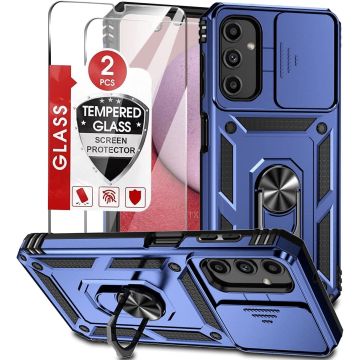 Hoesje Geschikt Voor Samsung Galaxy A14 hoesje Blauw met Ring Houder en camera bescherming - Galaxy A14 Screenprotector - 2 stuks