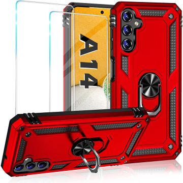 Hoesje Geschikt Voor Samsung Galaxy A14 Hoesje Anti-Shock Hybrid Armor hoesje Rood  met screenprotector - 2 pack