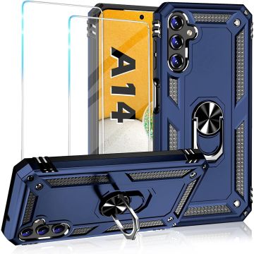 Hoesje Geschikt Voor Samsung Galaxy A14 Hoesje Anti-Shock Hybrid Armor hoesje Blauw  met screenprotector - 2 pack