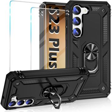 Hoesje Geschikt Voor Samsung Galaxy S23 Plus Hoesje Anti-Shock Hybrid Armor hoesje Zwart met screenprotector - 2 pack