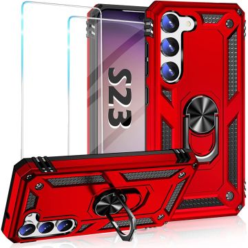 Hoesje Geschikt Voor Samsung Galaxy S23 Hoesje Anti-Shock Hybrid Armor hoesje Rood Met Screenprotector - 2 pack