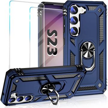 Hoesje Geschikt Voor Samsung Galaxy S23 Hoesje Anti-Shock Hybrid Armor hoesje Blauw Met Screenprotector - 2 pack