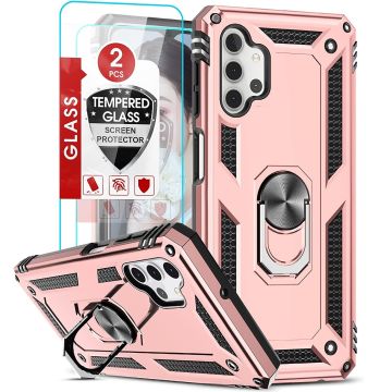 Hoesje Geschikt Voor Samsung Galaxy A32 5G Hoesje Anti-Shock Hybrid Armor hoesje Rose Goud - Hoesje Geschikt Voor Samsung Galaxy A32 hoesje kickstand Ring houder TPU backcover hoesje - met screenprotector Galaxy A32 5G - 2 pack