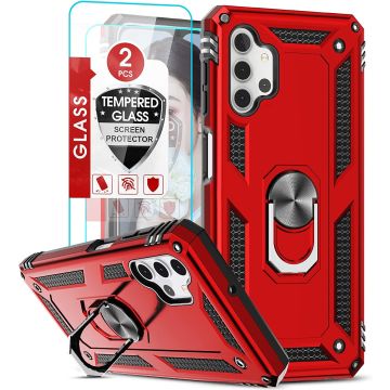 Hoesje Geschikt Voor Samsung Galaxy A32 5G Hoesje Anti-Shock Hybrid Armor hoesje Rood - Hoesje Geschikt Voor Samsung Galaxy A32 hoesje kickstand Ring houder TPU backcover hoesje - met screenprotector Galaxy A32 5G - 2 pack