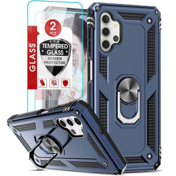 Hoesje Geschikt Voor Samsung Galaxy A32 5G Hoesje Anti-Shock Hybrid Armor hoesje Blauw - Hoesje Geschikt Voor Samsung Galaxy A32 hoesje kickstand Ring houder TPU backcover hoesje - met screenprotector Galaxy A32 5G - 2 pack