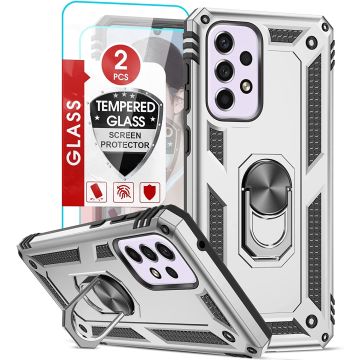 Hoesje Geschikt Voor Samsung Galaxy A33 Hoesje Anti-Shock Hybrid Armor hoesje Zliver - Hoesje Geschikt Voor Samsung Galaxy A33 5G kickstand Ring houder TPU backcover hoesje - met screenprotector Galaxy A33 5G - 2 pack