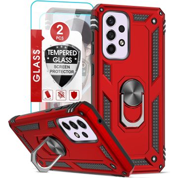Hoesje Geschikt Voor Samsung Galaxy A33 Hoesje Anti-Shock Hybrid Armor hoesje Rood - Hoesje Geschikt Voor Samsung Galaxy A33 5G kickstand Ring houder TPU backcover hoesje - met screenprotector Galaxy A33 5G - 2 pack