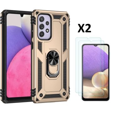 Hoesje Geschikt Voor Samsung Galaxy A33 Hoesje Anti-Shock Hybrid Armor hoesje Goud - Hoesje Geschikt Voor Samsung Galaxy A33 5G kickstand Ring houder TPU backcover hoesje - met screenprotector Galaxy A33 5G - 2 pack