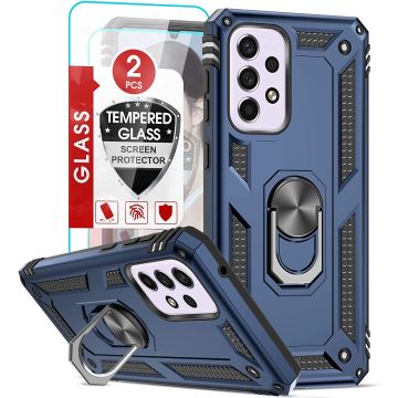 Hoesje Geschikt Voor Samsung Galaxy A33 Hoesje Anti-Shock Hybrid Armor hoesje Blauw - Hoesje Geschikt Voor Samsung Galaxy A33 5G kickstand Ring houder TPU backcover hoesje - met screenprotector Galaxy A33 5G - 2 pack