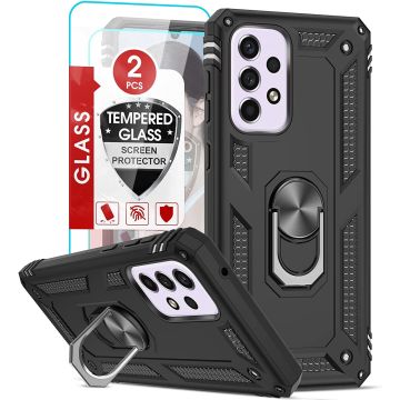 Hoesje Geschikt Voor Samsung Galaxy A33 Hoesje Anti-Shock Hybrid Armor hoesje Zwart - Hoesje Geschikt Voor Samsung Galaxy A33 5G kickstand Ring houder TPU backcover hoesje - met screenprotector Galaxy A33 5G - 2 pack