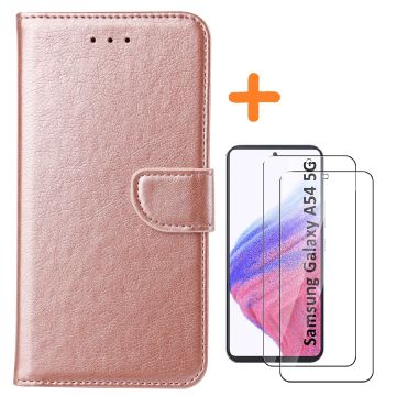 Hoesje Geschikt Voor Samsung Galaxy A54 hoesje bookcase Rose Goud - Galaxy A54 5G bookcase portemonnee Hoesje Geschikt Voor Samsung Galaxy A54 screenprotector / 2X Beschermglas