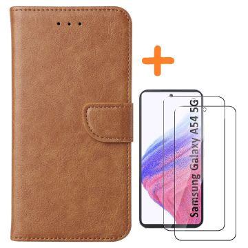 Hoesje Geschikt Voor Samsung Galaxy A54 hoesje bookcase Bruin - Galaxy A54 5G bookcase portemonnee Hoesje Geschikt Voor Samsung Galaxy A54 screenprotector / 2X Beschermglas