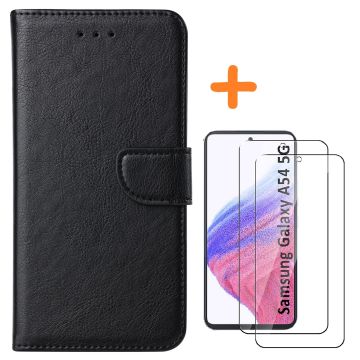 Hoesje geschikt voor Samsung Galaxy A54 bookcase Zwart - Met screenprotector tempered glass - 2x