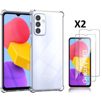 Hoesje Geschikt Voor Samsung Galaxy M13 Hoesje transparant Anti Shock Hoesje Geschikt Voor Samsung Galaxy M23 silicone Hoesje Geschikt Voor Samsung Galaxy M13 / M23 Screenprotector Glazen 2 pack