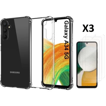Hoesje Geschikt Voor Samsung Galaxy A34 5G Hoesje transparant Anti Shock silicone Hoesje Geschikt Voor Samsung Galaxy A34 Screenprotector Glazen 3 pack