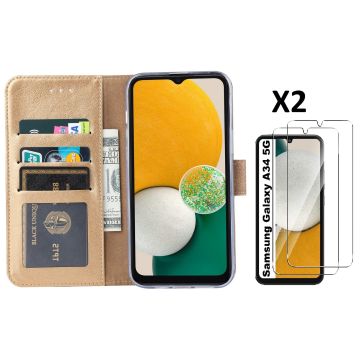 Samsung A34 5G hoesje bookcase Goud - Samsung Galaxy A34 bookcase portemonnee hoesje - Samsung A34 screenprotector / 2X Beschermglas