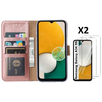 Hoesje Geschikt Voor Samsung Galaxy A34 5G hoesje bookcase Rose Goud - Hoesje Geschikt Voor Samsung Galaxy A34 bookcase portemonnee Hoesje Geschikt Voor Samsung Galaxy A34 screenprotector / 2X Beschermglas