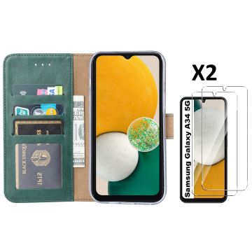 Hoesje Geschikt Voor Samsung Galaxy A34 5G hoesje bookcase Groen - Hoesje Geschikt Voor Samsung Galaxy A34 bookcase portemonnee Hoesje Geschikt Voor Samsung Galaxy A34 screenprotector / 2X Beschermglas