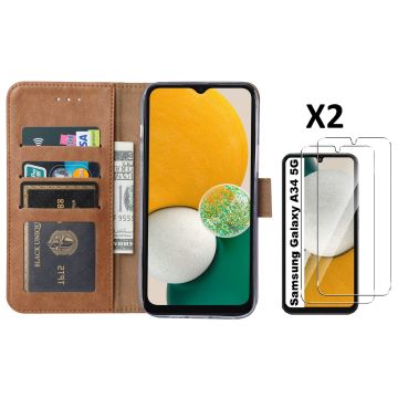 Hoesje Geschikt Voor Samsung Galaxy A34 5G hoesje bookcase Bruin - Hoesje Geschikt Voor Samsung Galaxy A34 bookcase portemonnee Hoesje Geschikt Voor Samsung Galaxy A34 screenprotector / 2X Beschermglas