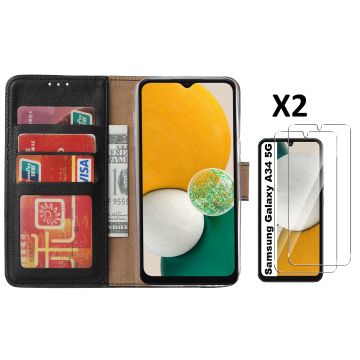 Hoesje Geschikt Voor Samsung Galaxy A34 5G hoesje bookcase Zwart - bookcase portemonnee Hoesje met screenprotector / 2X Beschermglas