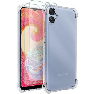 Hoesje Geschikt Voor Samsung Galaxy A04E Hoesje transparant Anti Shock silicone Hoesje Geschikt Voor Samsung Galaxy A04e Screenprotector Glazen 2 pack
