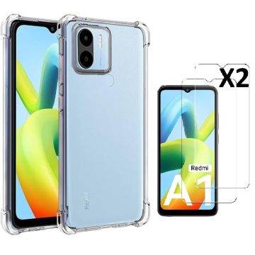 Xiaomi Redmi A1 Hoesje transparant Anti Shock silicone hoesje - Xiaomi Redmi A1 Screenprotector Glazen 2 pack