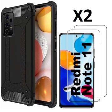 Hoesje geschikt voor Xiaomi Redmi Note 11/ 11S 4G Hoesje Schokbestendig Hybride Rugged hoesje Zwart - Xiaomi Redmi Note 11/ 11S 4G 2x Screenprotector