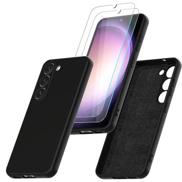 Hoesje Geschikt Voor Samsung Galaxy S23 Plus Hoesje siliconen Zwart zacht siliconen hoesje TPU backcover - Met Screenprotector - 2 stuks