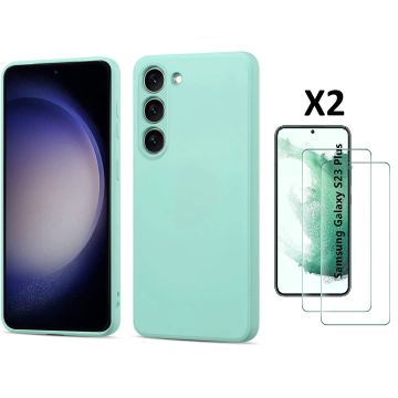 Hoesje Geschikt Voor Samsung Galaxy S23 Plus Hoesje siliconen Mint Groen zacht siliconen hoesje TPU backcover - Met Screenprotector - 2 stuks
