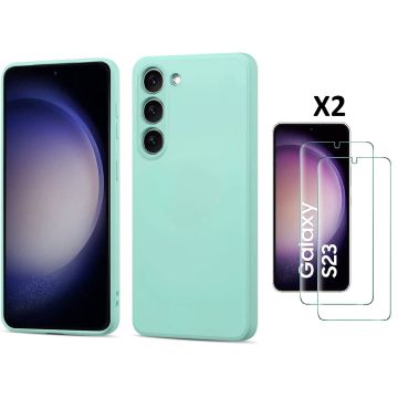 Hoesje Geschikt Voor Samsung Galaxy S23 Hoesje siliconen Mint Groen zacht siliconen hoesje TPU backcover - Met Screenprotector - 2 stuks