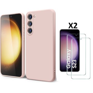 Hoesje Geschikt Voor Samsung Galaxy S23 Hoesje siliconen Pink Sand zacht siliconen hoesje TPU backcover - Met Screenprotector - 2 stuks