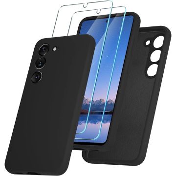 Hoesje Geschikt Voor Samsung Galaxy S23 Hoesje siliconen Zwart zacht siliconen hoesje TPU backcover - Met Screenprotector - 2 stuks