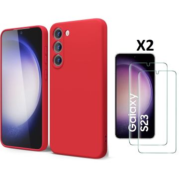 Hoesje Geschikt Voor Samsung Galaxy S23 Hoesje siliconen Rood zacht siliconen hoesje TPU backcover - Met Screenprotector - 2 stuks