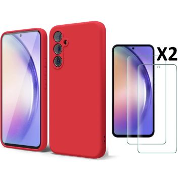 Hoesje Geschikt Voor Samsung Galaxy A54 Hoesje siliconen Rood zacht siliconen hoesje TPU backcover - Met Screenprotector - 2 stuks