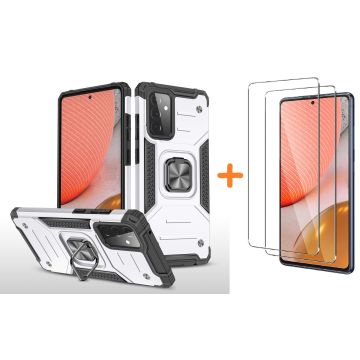 Samsung A72 Hoesje Heavy Duty Armor Hoesje Zliver - Galaxy A72 5G / 4G Case Kickstand Ring cover met Magnetisch Auto Mount- Samsung A72 screenprotector 2 pack