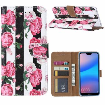 Ntech Huawei P30 Pro Vintage Roses & Stripes Boek hoesje met Pasjesruimte