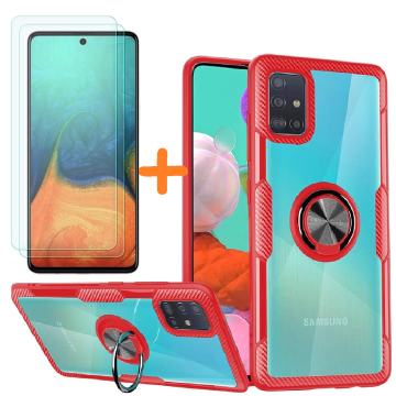 Samsung Galaxy A71 hoesje Luxe carbon TPU Backcover - Metalen Ring Houder - Rood met 2 pack screenprotector