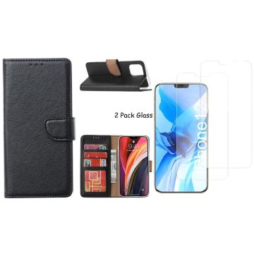Hoesje Geschikt voor iPhone 12 Pro Max hoesje - portemonnee bookcase / wallet cover Zwart + 2x tempered glass / Screenprotector