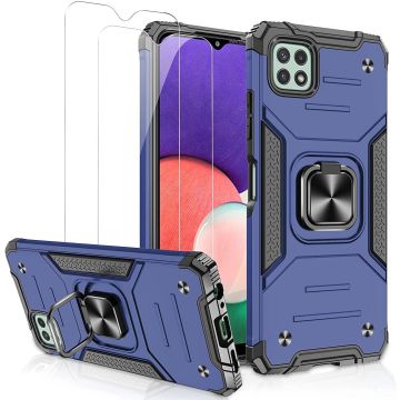 Samsung A22 Hoesje Heavy Duty Armor Hoesje Blauw - Galaxy A22 / M22 hoesje 4G Case Kickstand Ring cover met Magnetisch Auto Mount- Samsung A22 4G screenprotector 2 pack