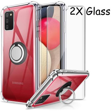 Samsung A02s Hoesje Luxe Backcover - Galaxy A02s Hoesje Metale Ring houder Transparant - Screenprotector 2 Pack Galaxy A20s