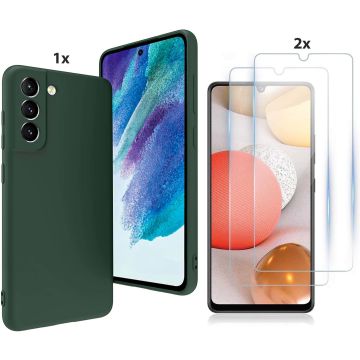 Samsung Galaxy S21 FE Hoesje Soft Nano Silicone Backcover Gel Donkergroen Met 2x Glazen Screenprotector