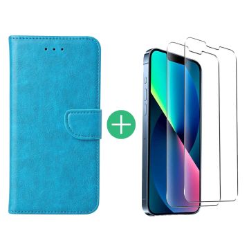 Hoesje Geschikt voor iPhone 13 Mini bookcase met 2 Pack Screenprotector gehard glas – Blauw