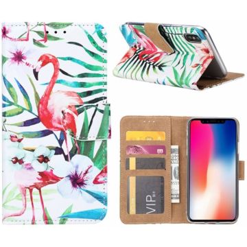 iPhone X / Xs Tropische Flamingo Design Booktype Kunstleer Hoesje Met Pasjesruimte